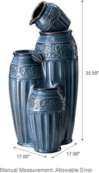 Glitzhome 35.5" H Oversized Outdoor Water Fountain with LED Lights and Pump, 4 Tier Turquoise Embossed Pattern Ceramic Pots Fountains, Cascading Standing Fountain for Porch Deck Garden Patio Backyard