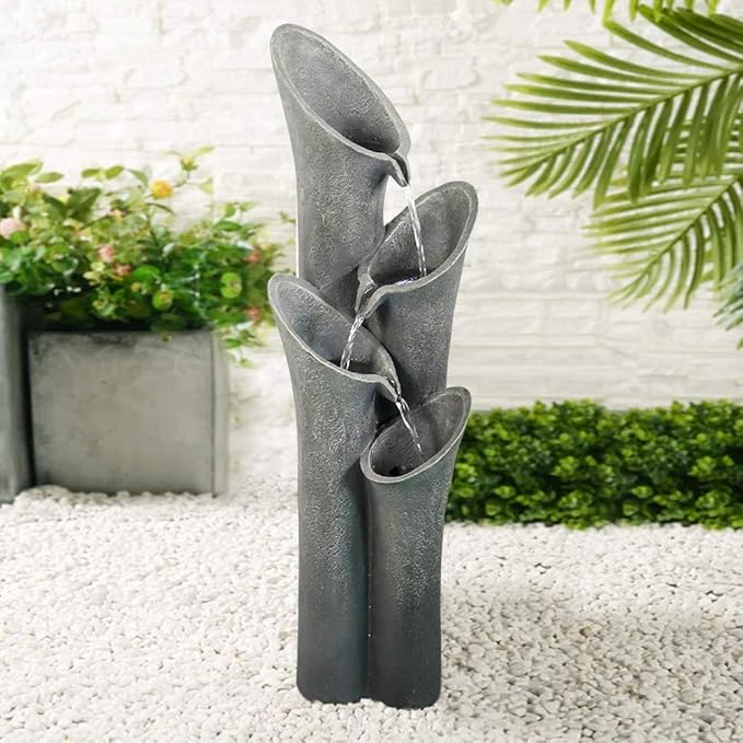 PeterIvan Waterfall Garden Fountain w/ LED Lights - 33 1/2” H Curved Cascading Indoor Outdoor Water Fountain with Built-in Quiet Pump&LED Lights, Perfect Garden Water Feature, Patio Fountain