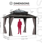 SUNJOY Kingston 12' x 10' Hardtop Gazebo with Galvanized Steel/Polycarbonate Double Roof, Curtain and Netting, Brown Aluminum Posts Permanent Pavilion Gazebo for Garden, Patio, Deck, Lawn