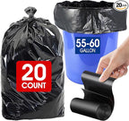 20 Count 55-60 Gallon Trash Bags, Tear-Free Large Black Garbage Bags for Kitchen, Office, Outdoor, Commercial Use, Lawn and Leaf Bags, Lightweight 17 Micron Design for Daily Dry Waste