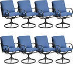 MELLCOM Patio Swivel Chair Set of 8, Heavy Duty Outdoor Dining Chairs with Thickened Cushions, Metal Patio Chairs Gentle Rocker for Outside, Garden Lawn & Porch, Backyard, Blue