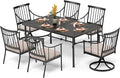 PHI VILLA 7 Pieces Outdoor Dining Set for 6, 64" Metal Steel Dining Table with Umbrella Hole & Cushioned Iron Swivel Chairs for Patio, Yard, Porch, Deck