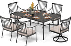 PHI VILLA 7 Pieces Outdoor Dining Set for 6, 64" Metal Steel Dining Table with Umbrella Hole & Cushioned Iron Swivel Chairs for Patio, Yard, Porch, Deck