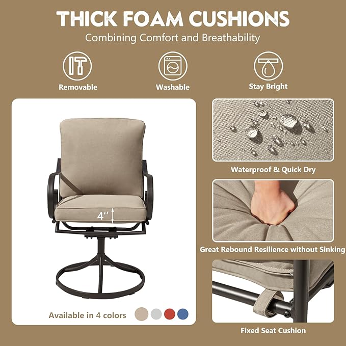 MELLCOM Patio Swivel Chair Set of 8, Heavy Duty Outdoor Dining Chairs with Thickened Cushions, Metal Patio Chairs Gentle Rocker for Outside, Garden Lawn & Porch, Backyard, Khaki