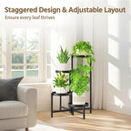 LASZOLA 4 Tiered Folding Plant Stand Indoor for Multiple Large Planter, Tall Heavy Duty Adjustable Rack with Rust Proof 10 Inch Wide Tray, Sturdy Vertical Tree Organizer for Narrow Inside Floor, Black
