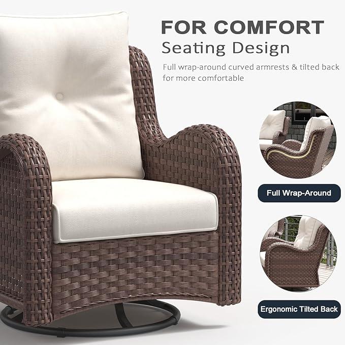 LayinSun 7 Pieces Outdoor Patio Furniture Set with Fire Pit Table, Rattan Wicker Swivel Rocker Chairs Sets with Swivel Glider Chairs and Coffee Table