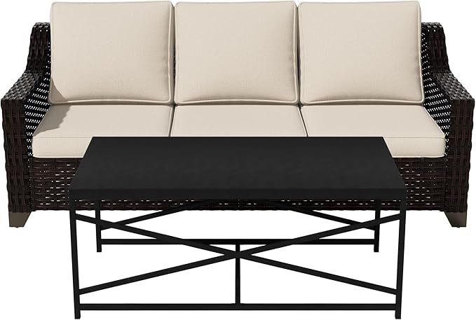 Vista Vibe 2 Pieces Outdoor Patio Conversation Furniture Set - 78" 3-seat Sofa | Metal Coffee Table, Deep Seat Loveseat, Removable Cushions, Hand-Woven PE Rattan Couch, Lawn (Brown/Beige)