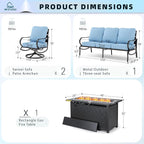MFSTUDIO 4 Pieces Patio Conversation Sets, All Weather Metal Frame Outdoor Furniture Set Patio Sofas with 1 x 45 Rectangular Propane Fire Table, 1 x 3-Seat Sofa, 2 x Swivel Chairs, Blue Cushion