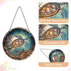 Sea Turtle Decor Suncatcher Stained Glass Window Hanging - Handmade Suncatchers for Windows with Hooks - Sea Art Glass Sun Catcher Indoor Outdoor Garden Mothers Day Birthday Gifts for Mom Grandma