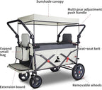 Foldable Wagon with Canopy - Collapsible Utility Cart with 2 Seats & Belts, Adjustable Handle, Expandable Front for Camping, Picnic, Shopping (Beige/Grey)
