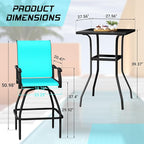 LEVELEVE Patio Bar Set 2pcs Swivel Bar Stools Outdoor Bistro Textilene Furniture Stability All-Weather Set (3, Lake Blue Padded)