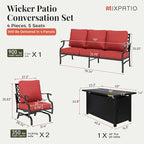 Patio Furniture Set, 4 Pcs Metal Outdoor Conversation Set, 2 Rocking Chairs and 3 Seater Sofa with 5.75" Extra Thick Cushion and Gas Fire Pit Table for Backyard Deck, Red