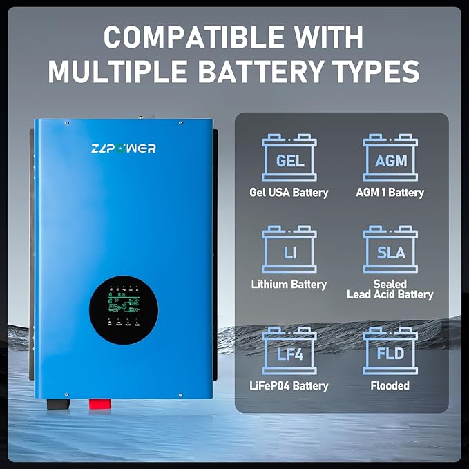 ZLPOWER 8000W 48V Off-Grid Inverter Charger, Peak Power 24000W for 20s, 240V AC Input, 120/240V Split Phase Output, Pure Sine Wave, UL1741 Certified, Built-in 2 MPPT Low Frequency for Solar System