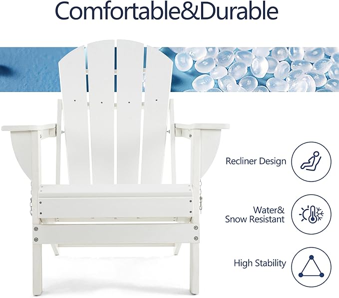 Folding Adirondack Chair, HDPE Outdoor Texture Lawn Chair with Reclining Back, Cup and Phone Holder - Comfortable Firepit Chair Weather Resistant for Patio or Backyard (White, Set of 2)