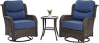 HILLGA Luxury Outdoor Swivel Rocker Patio Chairs of 2 with 6 Inch Thick Cushions and Side Table, Swivel Outdoor Chairs 3PCS High Back Wicker Patio Furniture Set for Porch, Balcony, Deck in Blue