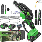 Mini Chainsaw Cordless 6 Inch, Electric Chainsaw Battery Powered with Auto Oiler, Security Lock for Wood Cutting, Tree Trimming, Garden & Household Use(2 Batteries)