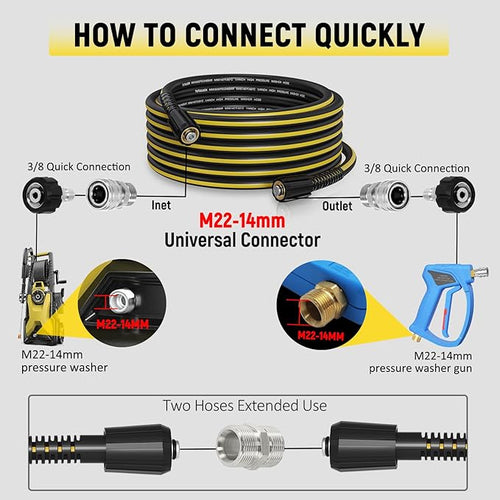 100ft Pressure Washer Hose - 1/4" Flexible Power Washer Hose with Stainless Steel Quick Connect Fittings, 3600 PSI Non-Kink Extension Replacement Hose for Gas&Electric Pressure Washer