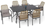 Stackable Rattan Patio Chairs and and Rectangle Dinig Table Set of 6 with 63"x38" Table All-Weather