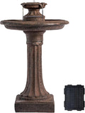 XBrand 28" Solar-Powered Outdoor Birdbath Fountain – Large Brown Resin Water Fountain with Solar Panel for Lawn and Garden Decor