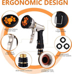 Tesony Garden Hose Nozzle, Heavy Duty Metal Water Hose Sprayer with 9 Adjustable Spray Patterns and Brass Hose Quick Connector, High Pressure Handheld Spray Nozzle Gun for Watering Plants, Car Washing