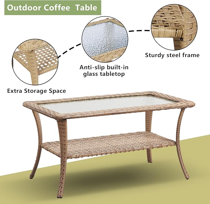 Outdoor Wicker Patio Furniture Set - 6 Piece Rattan Patio Conversation Set with 2 Rocking Swivel Chairs,2 Ottomans,1 Loveseat and 1 Coffee Table for Porch Deck Backyard Garden(Yellow/Blue)