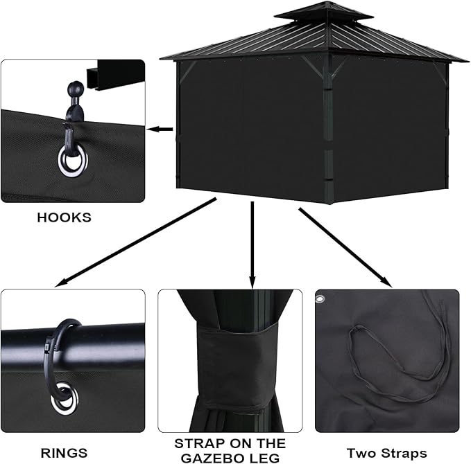 Gazebo Universal Replacement Privacy Curtain, 12'X12' Gazebo Curtains Outdoor Waterproof, 4-Panels Sidewall with Zipper for Patio, Garden and Backyard (Only Curtains, 12'X12', Black)