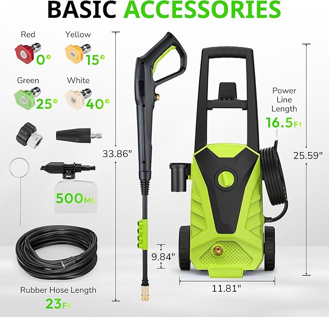 Pressure Washer Upgraded, 2100PSI, 26" Tall, 4 Quick Connect Nozzles,Inlet Hose&Filter, 6 Spray Modes for Cars/Fences/Driveways/Home Cleaning, Green