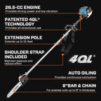 SENIX 26.5cc 4-Stroke Gas Pole Saw | No Oil Mixing | Fuel Efficient | 8-Inch Bar & Chain | Extension Pole up to 14 Ft | High Torque Power Pruner Pole Chainsaw for Tree Trimming & Limb Cutting