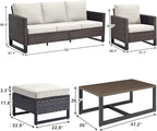 Rilyson Wicker Outdoor Patio Furniture Set - 6 Piece Patio Conversation Set with 2 Armrest Chairs,2 Rattan Ottoman,1 Couch and 1 Metal Side Table for Outside Porch Deck Backyard(Brown/Beige)
