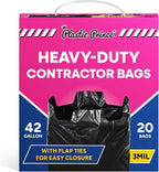 Heavy Duty Contractor Bags 42 Gallon with Flap Ties Trash Bags 3 Mil for Industrial Commercial Use 32 x 45 Yard Waste Bags, Black Pack of 20