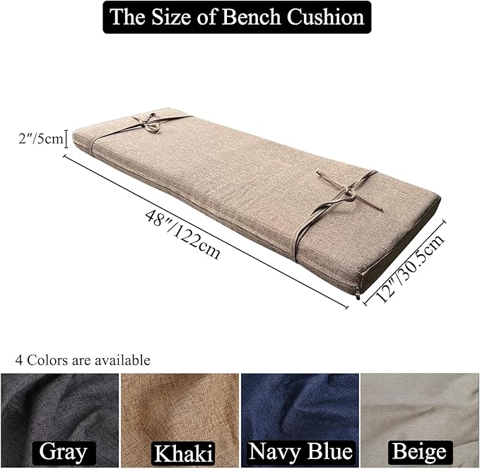 48 x 12 Inch Piano Bench Cushions for Indoor Furniture with Ties Non Slip Kitchen Dining Room Bench seat Cushion for Shoe Storage Ottoman Window Settee pad, Khaki