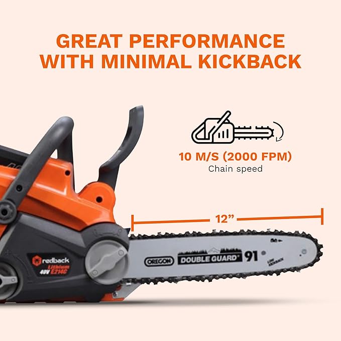 Redback 40V Cordless Chainsaw 12 inches Long Oregon Bar Brushless Motor Tool Only