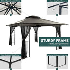 11x13 Outdoor Patio Gazebo with Mosquito Netting and Corner Frame Screen Wall, Double Roofs Metal Frame Party Canopy Tent Shelter for Backyard Garden Deck - Brown