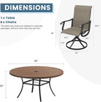 DIFY 9 Pieces Outdoor Patio Dining Set, 8 Brown Textilene Swivel Dining Chairs and 60" Walnut Round Metal Dining Table, Outdoor Table and Chairs