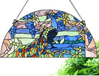 Bieye W10093 Peacock in Garden Tiffany Style Stained Glass Window Panel for Home Decor (Blue, 24Wx12H Half-Round)