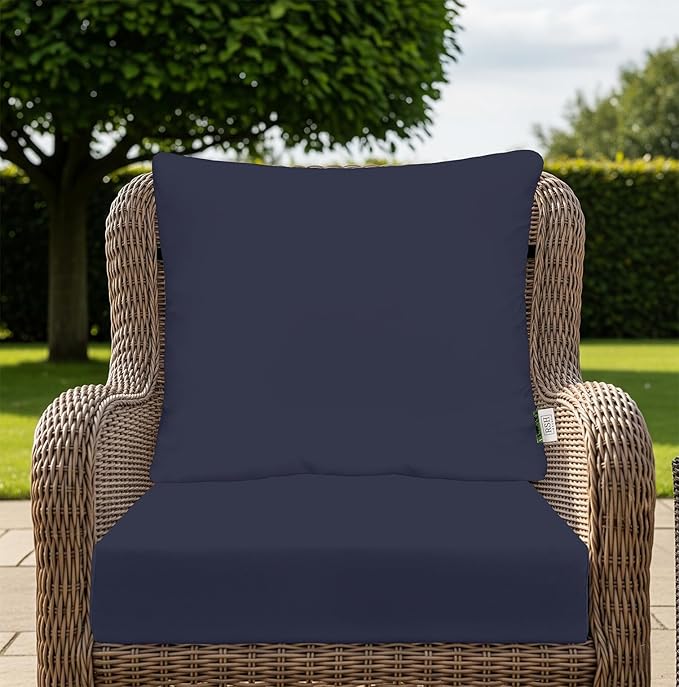 RSH DECOR: Deep Seating Cushion with Pillow Back | 24” x 27” Seat | All-Weather Spun Fabric | Water and Fade-Resistant | Outdoor Chair Cushion Set for Patio Furniture | Navy Blue | Made in USA