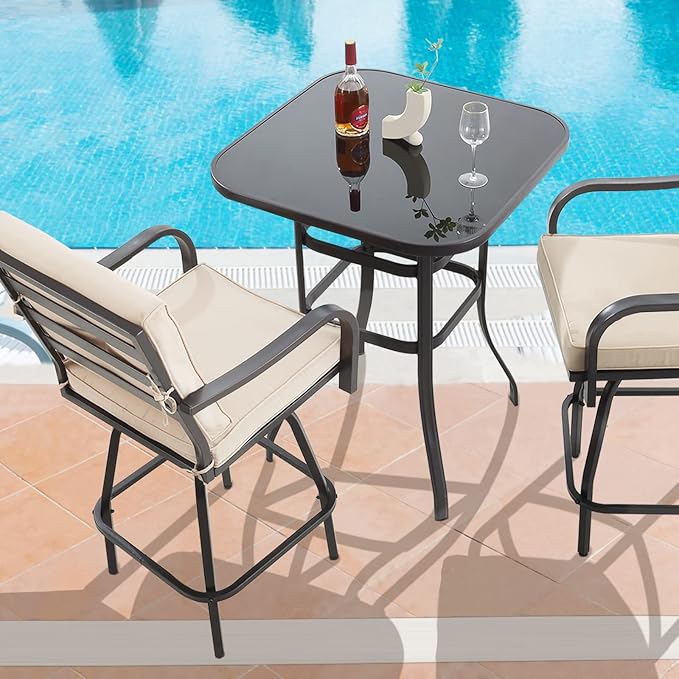 Patio Swivel Bar Stools, Outdoor High Back Swivel Bar Stool Chair Set of 2 with Cushion & All Weather Steel Frame, Beige