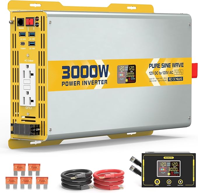 XWJNE 3000W Pure Sine Wave Power Inverter 12V DC to 120V GFCI AC Converter with LCD Display and Remote for Home, RV, Truck, Off-Grid Solar Power