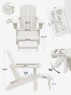 KINGYES Adjustable Folding Adirondack Chair with Footrest & 4-in-1 Multi-Functional Armrest Organizer Set of 2, HDPE Foldable Reclining Adirondack Chair with Pull-Out Ottoman, White
