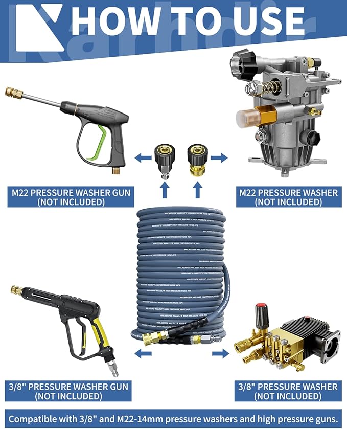 Pressure Washer Hose 200FT 3/8" for Cold and Hot Water 212°F, with Swivel Quick Connect, 4500PSI Kink Resistant Grade Steel Wire Braided, Power Washer Hose With 2pcs M22-14mm Adapter