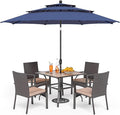 PHI VILLA 5 Pieces Outdoor Dining Set with Umbrella for 4, 37" Square Metal Polywood Table & Cushioned Wicker Rattan Chairs & 10ft Red Umbrella Furniture for Patio, Deck, Yard, Porch