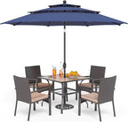 PHI VILLA 5 Pieces Outdoor Dining Set with Umbrella for 4, 37" Square Metal Polywood Table & Cushioned Wicker Rattan Chairs & 10ft Red Umbrella Furniture for Patio, Deck, Yard, Porch