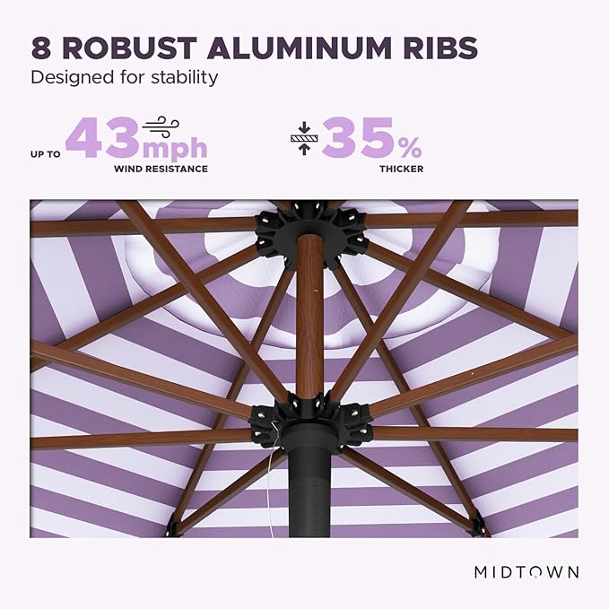 Midtown Umbrellas The Wooden 8 Feet Patio Umbrella With Terylast Midtown Stripes (Purple/White Stripes) Polyester Fabric - Aluminum Frame Market Umbrella For Backyard, Deck, Garden, Pool - Wooden Pole