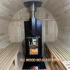 Customize Wood Burning Sauna 4-8 Person, Outdoor Canadian Red Cedar Barrel Sauna with Porch, Glass Window Option, Scenic Porch, Wood Stove, Luxurious Texture