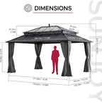 SUNJOY Kingston 16' x 12' Hardtop Gazebo with Galvanized Steel/Polycarbonate Double Roof, Curtain and Netting, Gray Aluminum Posts Permanent Pavilion Gazebo for Garden, Patio, Deck, Lawn