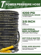 4200PSI Pressure Washer Hose 200FT with 3/8" Swivel Quick Connect for Cold/Hot Water, Kink Resistant Steel Wire Braided, Wear Resistant Power Washer Hose with 2 M22 14mm Adapter Set