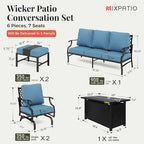 Patio Furniture Set, 6 Pcs Metal Outdoor Conversation Set, 2 Rocker Chairs, 2 Ottomans and 3 Seater Sofa with 5.75" Extra Thick Cushion and Gas Fire Pit Table, Navy Blue