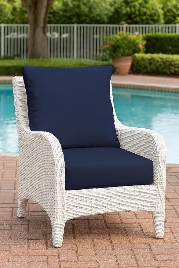 RSH DECOR Deep Seating Cushion with Pillow Back | 22” x 25” x 5" Seat | Water and Fade-Resistant Spun Fabric | Made in USA | Outdoor Chair Cushion Set for Patio Furniture (Navy Blue)