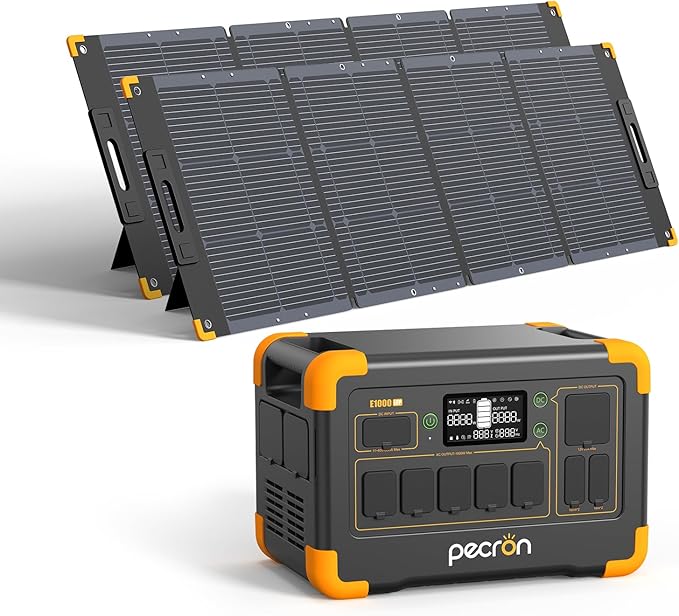 pecron Solar Generator E1000LFP with 2x300W Solar Panels, 1024Wh/1800W LiFePO4 Battery Backup, Portable Power Station Expandable to 4097Wh, Fast Charging Power Station for Emergencies, Camping, RV