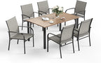 7 PCS Patio Dining Set for 6, Rectangular Wood-Like Metal Table with Umbrella Hole and 6 Chairs, Outdoor Table and Chairs for Lawn Garden Backyard and Deck, Brown